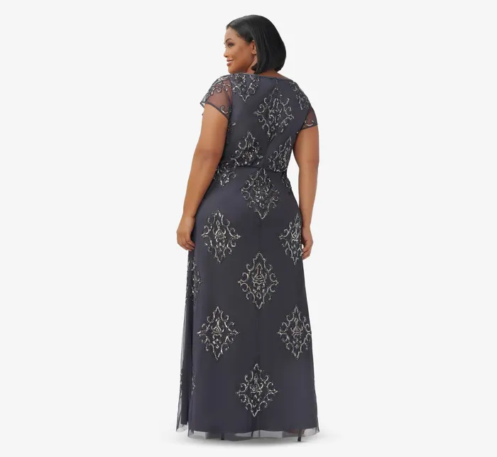 Adrianna Papell HandBeaded Long Blouson Gown In Gunmetal Gunmetal Women Long Dresses Adrianna Papell HandBeaded Long Blouson Gown In Gunmetal Gunmetal Women Long Dresses