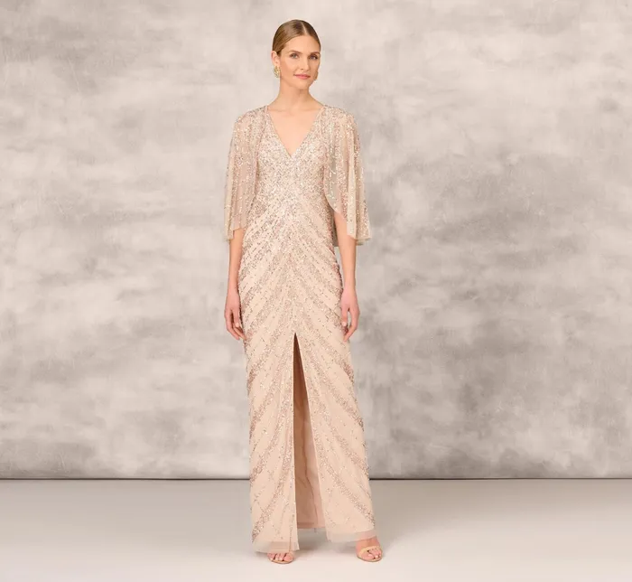 Adrianna Papell Hand Beaded Long Column Gown With Cape And Slit In Blush Blush Women Long Dresses Adrianna Papell Hand Beaded Long Column Gown With Cape And Slit In Blush Blush Women Long Dresses