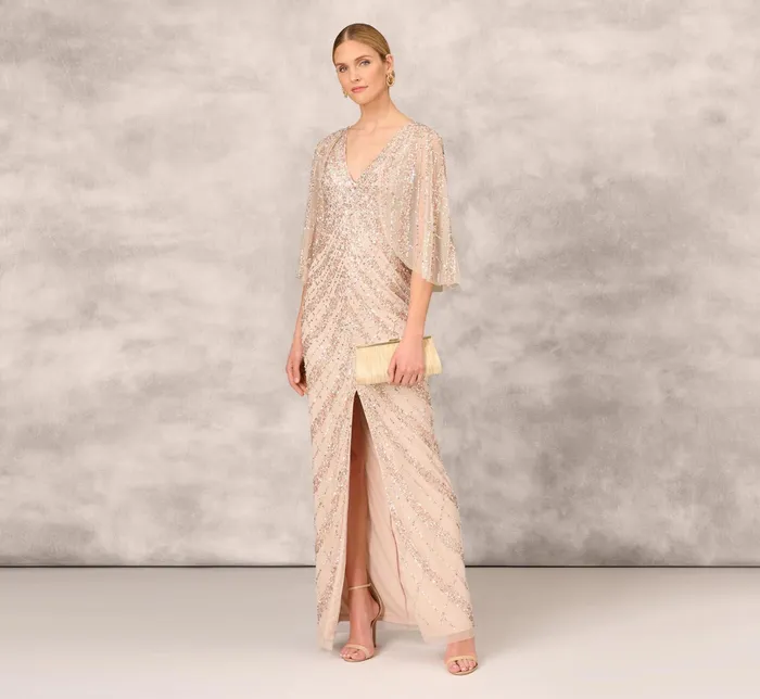 Adrianna Papell Hand Beaded Long Column Gown With Cape And Slit In Blush Blush Women Long Dresses Adrianna Papell Hand Beaded Long Column Gown With Cape And Slit In Blush Blush Women Long Dresses