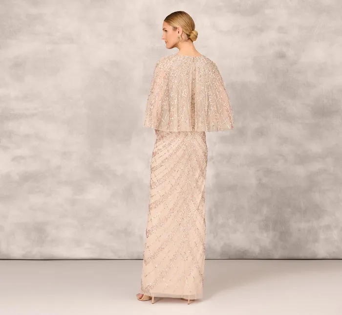 Adrianna Papell Hand Beaded Long Column Gown With Cape And Slit In Blush Blush Women Long Dresses Adrianna Papell Hand Beaded Long Column Gown With Cape And Slit In Blush Blush Women Long Dresses