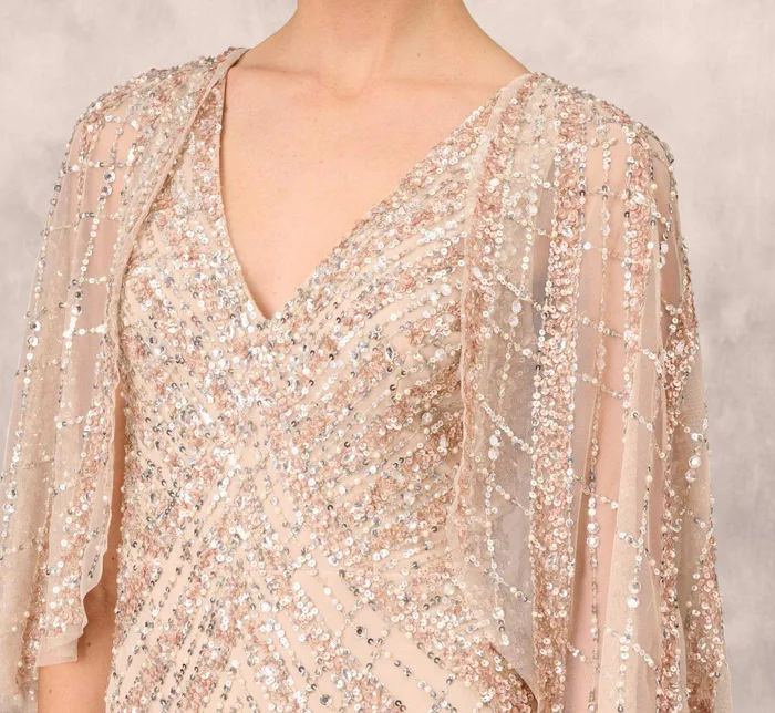 Adrianna Papell Hand Beaded Long Column Gown With Cape And Slit In Blush Blush Women Long Dresses Adrianna Papell Hand Beaded Long Column Gown With Cape And Slit In Blush Blush Women Long Dresses