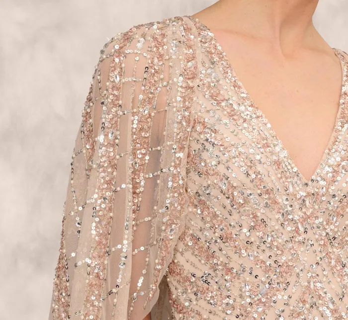 Adrianna Papell Hand Beaded Long Column Gown With Cape And Slit In Blush Blush Women Long Dresses Adrianna Papell Hand Beaded Long Column Gown With Cape And Slit In Blush Blush Women Long Dresses