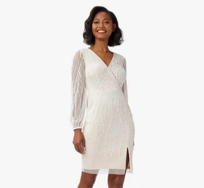 Adrianna Papell HandBeaded MidiLength Sheath Cocktail Dress With Pearl Trim In Ivory Pearl IvoryPearl Women Sleeves Adrianna Papell HandBeaded MidiLength Sheath Cocktail Dress With Pearl Trim In Ivory Pearl IvoryPearl Women Sleeves