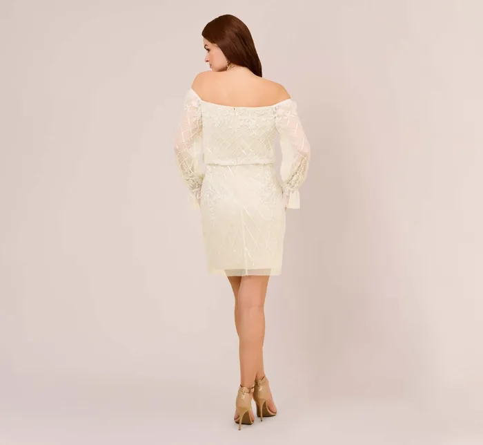 Adrianna Papell HandBeaded OffTheShoulder Blouson Short Sheath Cocktail Dress In Ivory Pearl IvoryPearl Women Short Wedding Dresses Adrianna Papell HandBeaded OffTheShoulder Blouson Short Sheath Cocktail Dress In Ivory Pearl IvoryPearl Women Short Wedding Dresses