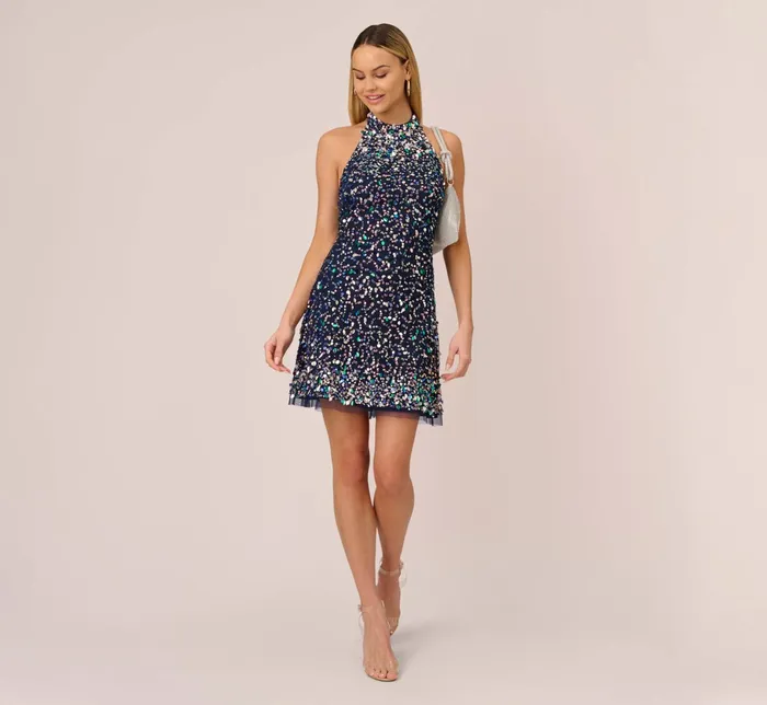 Adrianna Papell HandBeaded Short FitAndFlare Halter Cocktail Dress In Navy Navy Women Cocktail Dresses Adrianna Papell HandBeaded Short FitAndFlare Halter Cocktail Dress In Navy Navy Women Cocktail Dresses