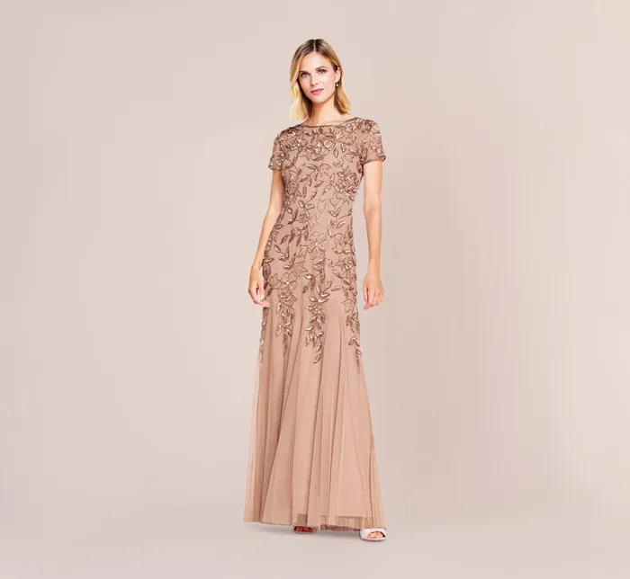 Adrianna Papell Hand Beaded Short Sleeve Floral Godet Gown In Marble Marble Women Floral Dresses Adrianna Papell Hand Beaded Short Sleeve Floral Godet Gown In Marble Marble Women Floral Dresses