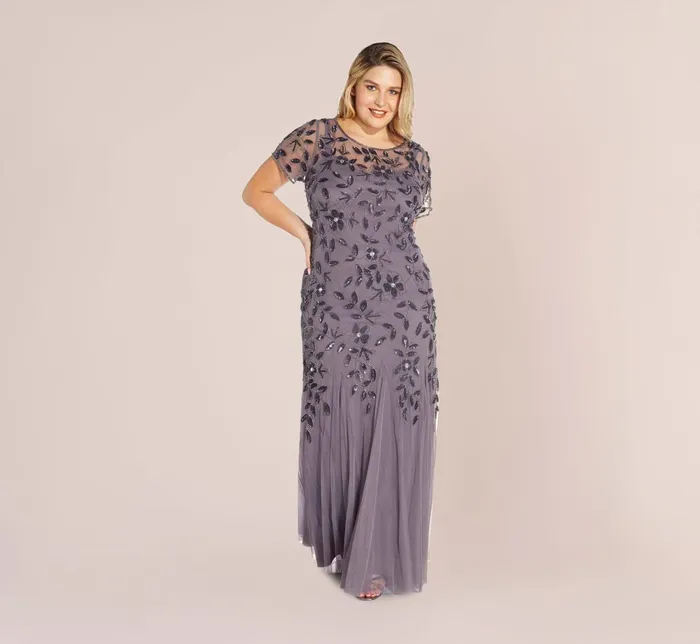 Adrianna Papell Hand Beaded Short Sleeve Floral Godet Gown In Marble Marble Women Floral Dresses Adrianna Papell Hand Beaded Short Sleeve Floral Godet Gown In Marble Marble Women Floral Dresses