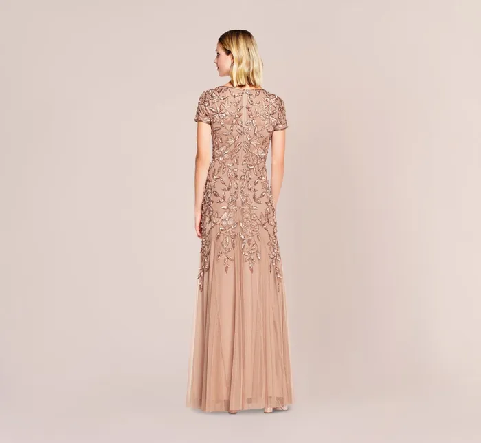 Adrianna Papell Hand Beaded Short Sleeve Floral Godet Gown In Marble Marble Women Floral Dresses Adrianna Papell Hand Beaded Short Sleeve Floral Godet Gown In Marble Marble Women Floral Dresses