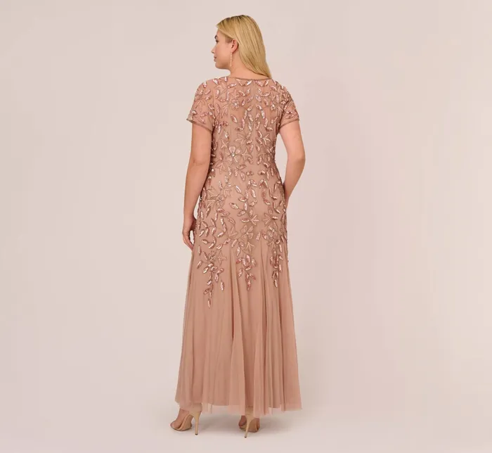 Adrianna Papell Hand Beaded Short Sleeve Floral Godet Gown In Marble Marble Women Floral Dresses Adrianna Papell Hand Beaded Short Sleeve Floral Godet Gown In Marble Marble Women Floral Dresses