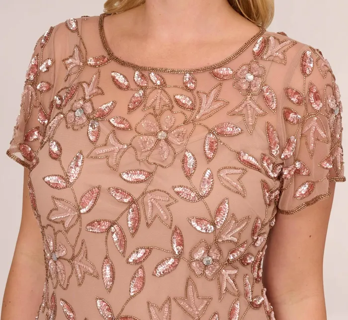 Adrianna Papell Hand Beaded Short Sleeve Floral Godet Gown In Marble Marble Women Floral Dresses Adrianna Papell Hand Beaded Short Sleeve Floral Godet Gown In Marble Marble Women Floral Dresses