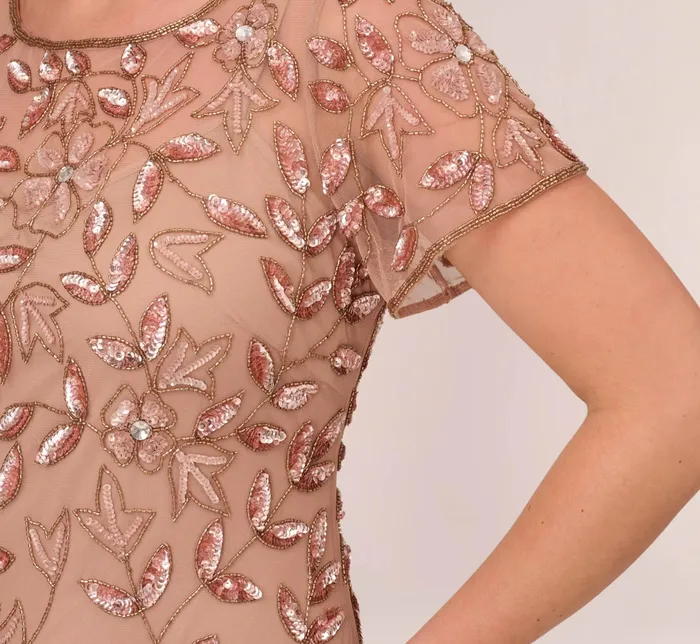 Adrianna Papell Hand Beaded Short Sleeve Floral Godet Gown In Marble Marble Women Floral Dresses Adrianna Papell Hand Beaded Short Sleeve Floral Godet Gown In Marble Marble Women Floral Dresses