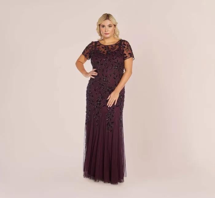 Adrianna Papell Hand Beaded Short Sleeve Floral Godet Gown In Marble Marble Women Floral Dresses Adrianna Papell Hand Beaded Short Sleeve Floral Godet Gown In Marble Marble Women Floral Dresses