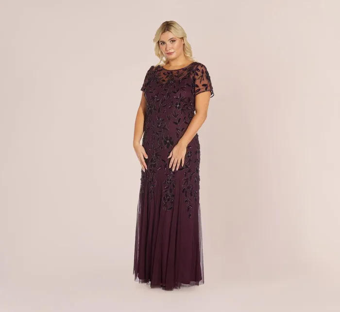 Adrianna Papell Hand Beaded Short Sleeve Floral Godet Gown In Marble Marble Women Floral Dresses Adrianna Papell Hand Beaded Short Sleeve Floral Godet Gown In Marble Marble Women Floral Dresses