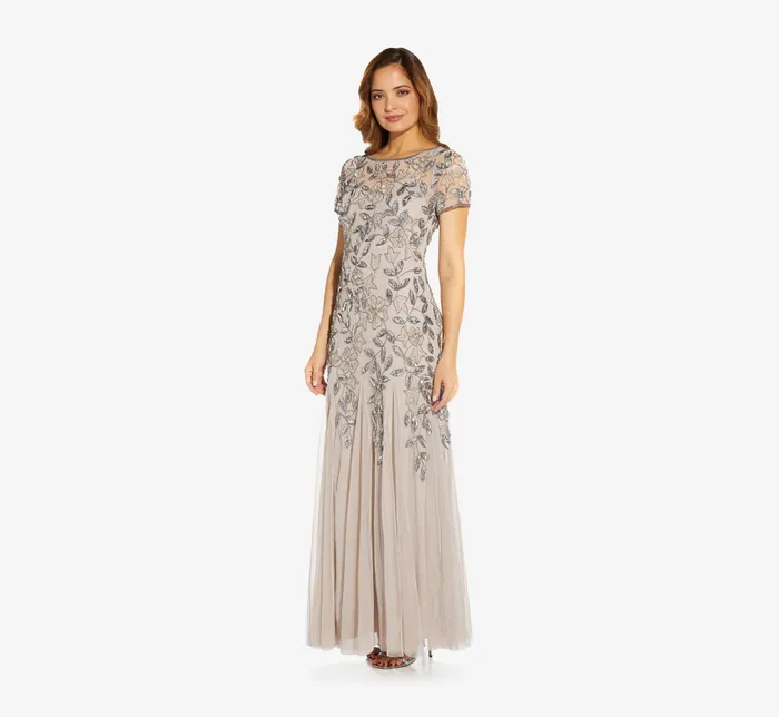 Adrianna Papell Hand Beaded Short Sleeve Floral Godet Gown In Marble Marble Women Floral Dresses Adrianna Papell Hand Beaded Short Sleeve Floral Godet Gown In Marble Marble Women Floral Dresses