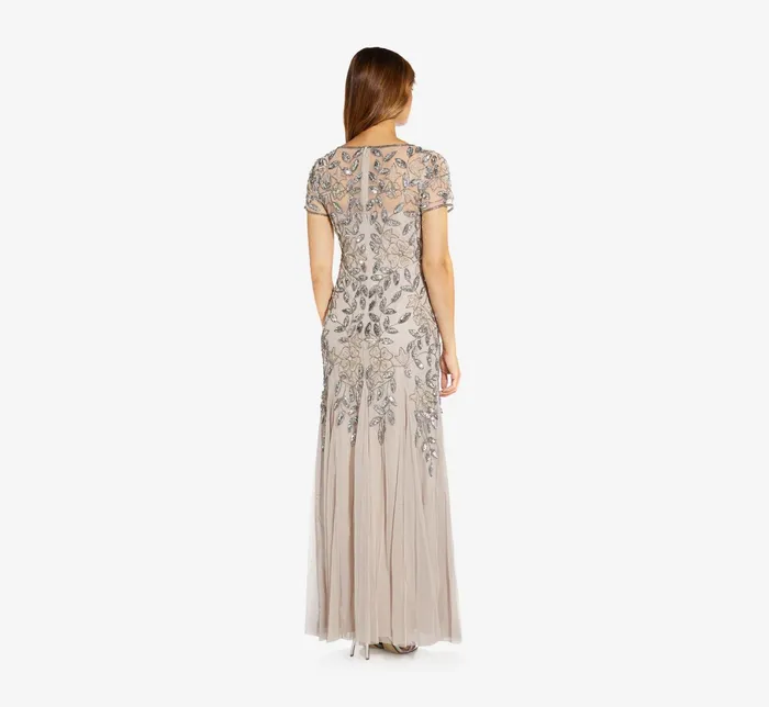 Adrianna Papell Hand Beaded Short Sleeve Floral Godet Gown In Marble Marble Women Floral Dresses Adrianna Papell Hand Beaded Short Sleeve Floral Godet Gown In Marble Marble Women Floral Dresses