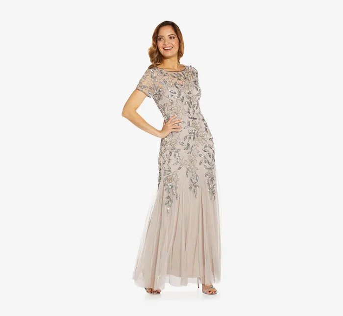 Adrianna Papell Hand Beaded Short Sleeve Floral Godet Gown In Marble Marble Women Floral Dresses Adrianna Papell Hand Beaded Short Sleeve Floral Godet Gown In Marble Marble Women Floral Dresses