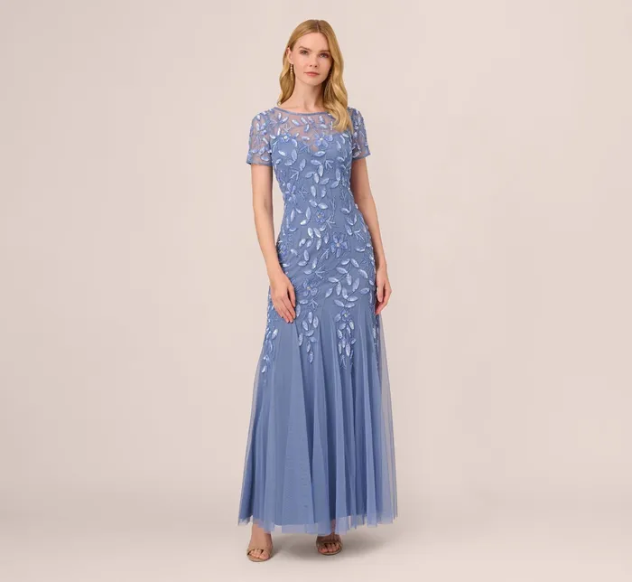 Adrianna Papell Hand Beaded Short Sleeve Floral Godet Gown In Marble Marble Women Floral Dresses Adrianna Papell Hand Beaded Short Sleeve Floral Godet Gown In Marble Marble Women Floral Dresses