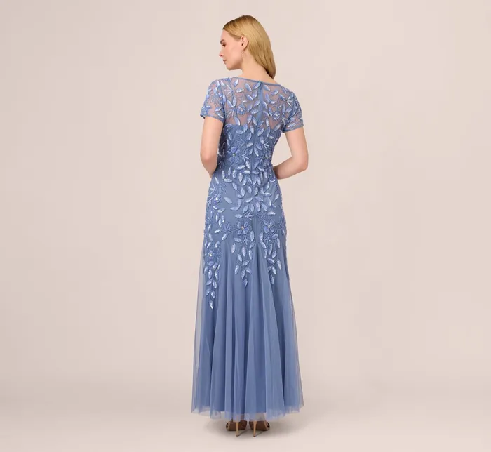 Adrianna Papell Hand Beaded Short Sleeve Floral Godet Gown In Marble Marble Women Floral Dresses Adrianna Papell Hand Beaded Short Sleeve Floral Godet Gown In Marble Marble Women Floral Dresses