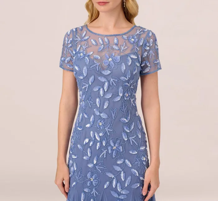 Adrianna Papell Hand Beaded Short Sleeve Floral Godet Gown In Marble Marble Women Floral Dresses Adrianna Papell Hand Beaded Short Sleeve Floral Godet Gown In Marble Marble Women Floral Dresses