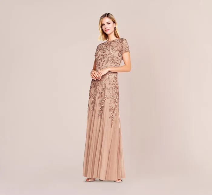 Adrianna Papell Hand Beaded Short Sleeve Floral Godet Gown In Marble Marble Women Floral Dresses Adrianna Papell Hand Beaded Short Sleeve Floral Godet Gown In Marble Marble Women Floral Dresses
