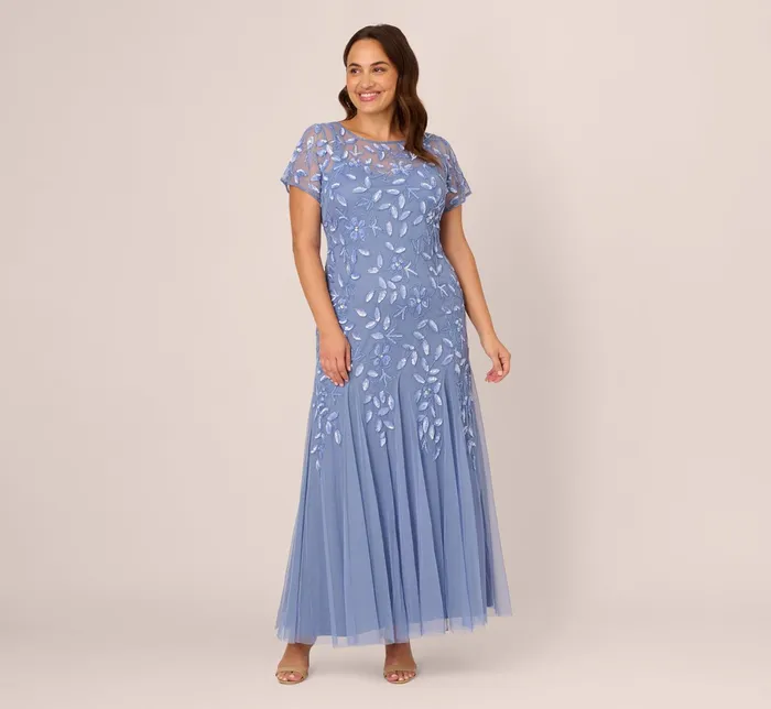 Adrianna Papell Hand Beaded Short Sleeve Floral Godet Gown In Marble Marble Women Floral Dresses Adrianna Papell Hand Beaded Short Sleeve Floral Godet Gown In Marble Marble Women Floral Dresses