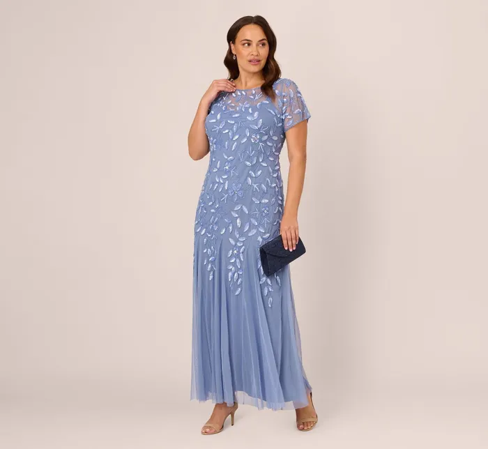 Adrianna Papell Hand Beaded Short Sleeve Floral Godet Gown In Marble Marble Women Floral Dresses Adrianna Papell Hand Beaded Short Sleeve Floral Godet Gown In Marble Marble Women Floral Dresses