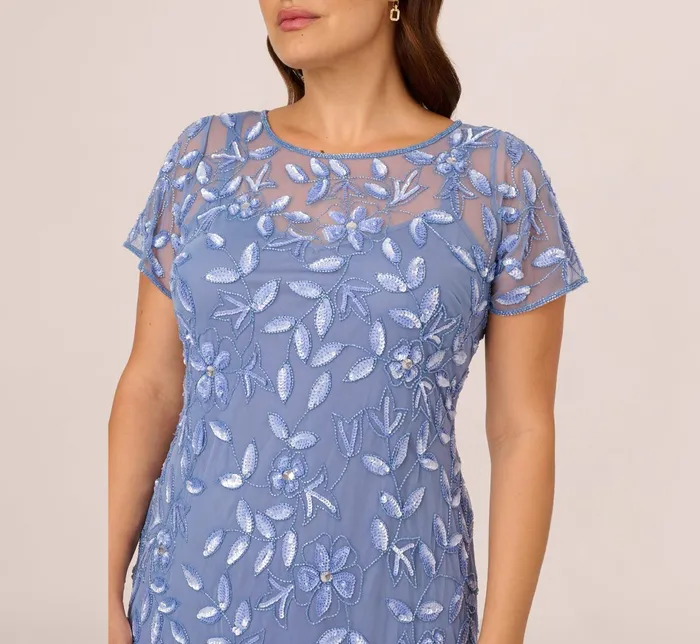 Adrianna Papell Hand Beaded Short Sleeve Floral Godet Gown In Marble Marble Women Floral Dresses Adrianna Papell Hand Beaded Short Sleeve Floral Godet Gown In Marble Marble Women Floral Dresses