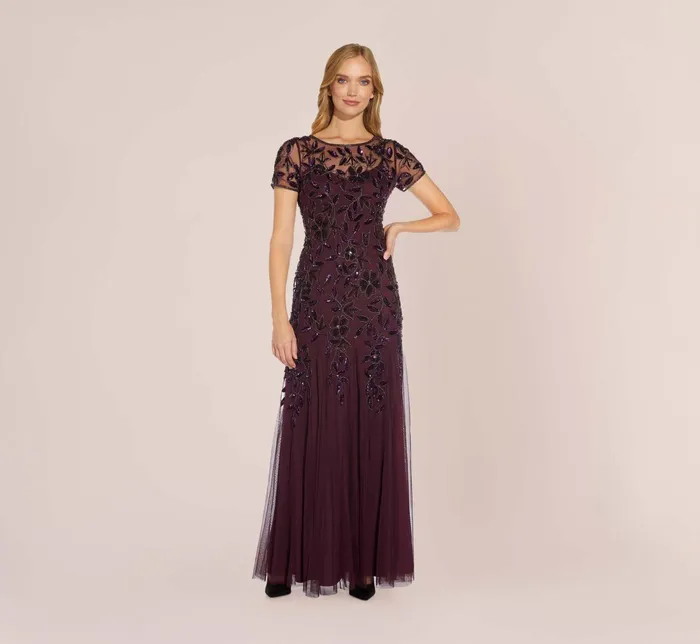 Adrianna Papell Hand Beaded Short Sleeve Floral Godet Gown In Marble Marble Women Floral Dresses Adrianna Papell Hand Beaded Short Sleeve Floral Godet Gown In Marble Marble Women Floral Dresses