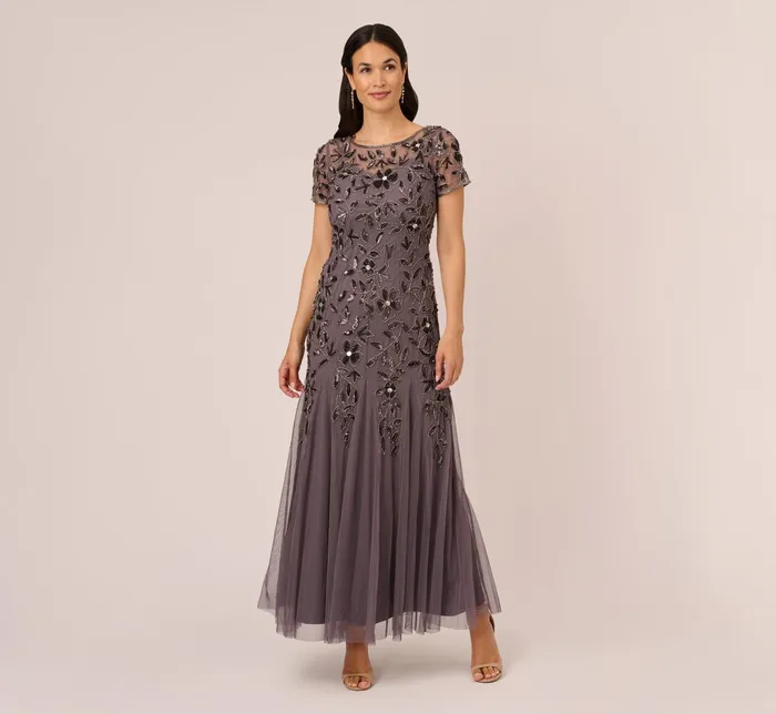 Adrianna Papell Hand Beaded Short Sleeve Floral Godet Gown In Marble Marble Women Floral Dresses Adrianna Papell Hand Beaded Short Sleeve Floral Godet Gown In Marble Marble Women Floral Dresses