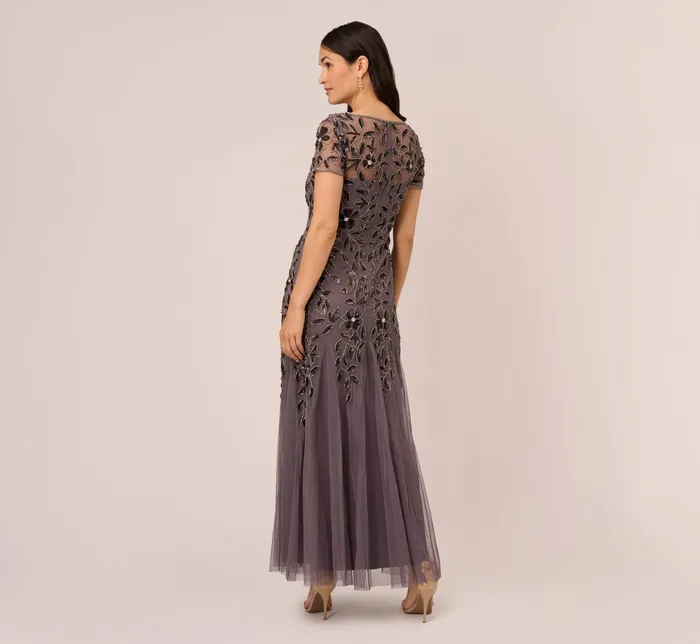 Adrianna Papell Hand Beaded Short Sleeve Floral Godet Gown In Marble Marble Women Floral Dresses Adrianna Papell Hand Beaded Short Sleeve Floral Godet Gown In Marble Marble Women Floral Dresses