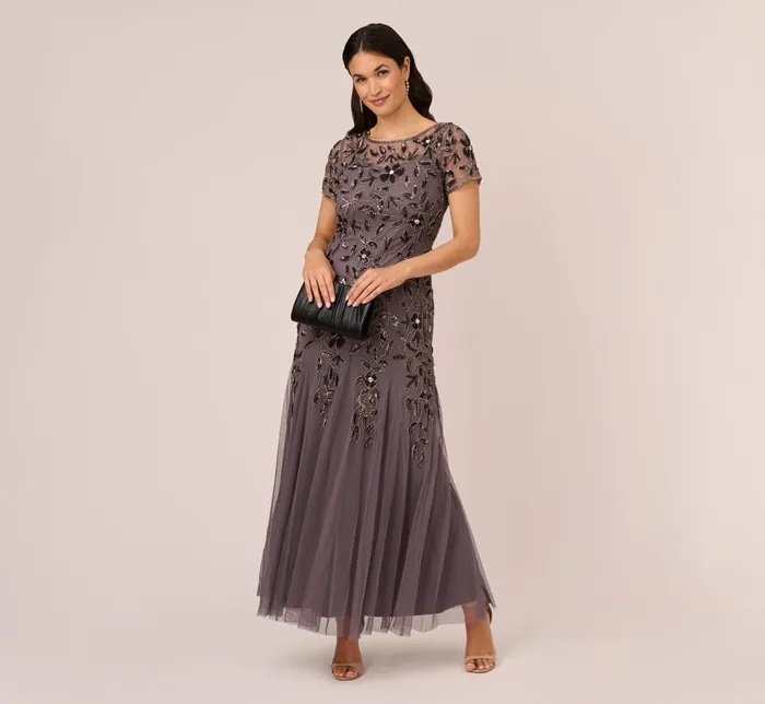 Adrianna Papell Hand Beaded Short Sleeve Floral Godet Gown In Marble Marble Women Floral Dresses Adrianna Papell Hand Beaded Short Sleeve Floral Godet Gown In Marble Marble Women Floral Dresses