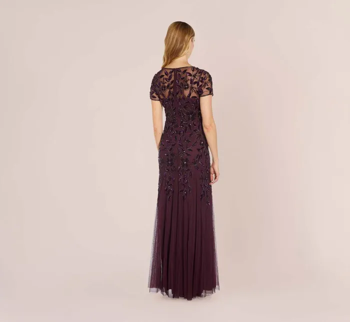Adrianna Papell Hand Beaded Short Sleeve Floral Godet Gown In Marble Marble Women Floral Dresses Adrianna Papell Hand Beaded Short Sleeve Floral Godet Gown In Marble Marble Women Floral Dresses