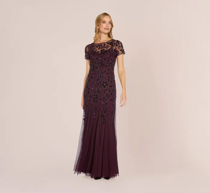 Adrianna Papell Hand Beaded Short Sleeve Floral Godet Gown In Marble Marble Women Floral Dresses Adrianna Papell Hand Beaded Short Sleeve Floral Godet Gown In Marble Marble Women Floral Dresses