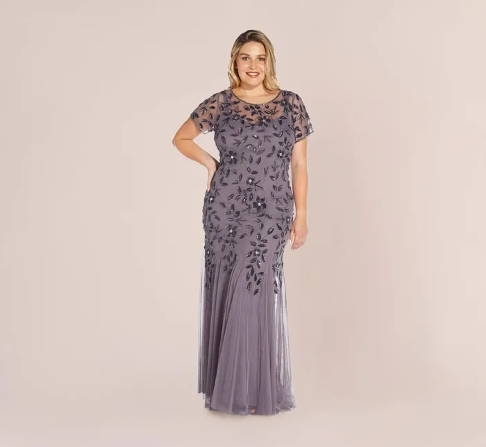Adrianna Papell Hand Beaded Short Sleeve Floral Godet Gown In Marble Marble Women Floral Dresses Adrianna Papell Hand Beaded Short Sleeve Floral Godet Gown In Marble Marble Women Floral Dresses