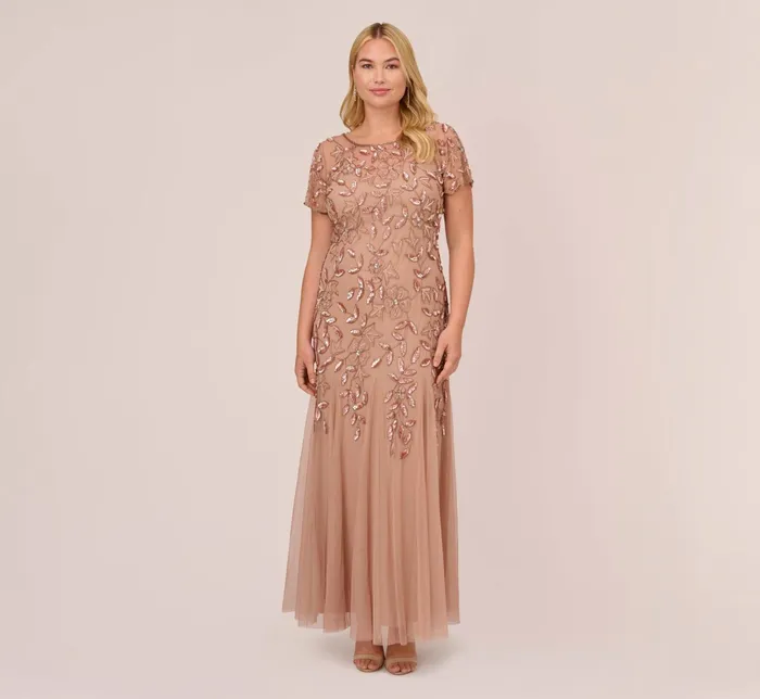 Adrianna Papell Hand Beaded Short Sleeve Floral Godet Gown In Rose Gold Rose Gold Women Floral Dresses Adrianna Papell Hand Beaded Short Sleeve Floral Godet Gown In Rose Gold Rose Gold Women Floral Dresses