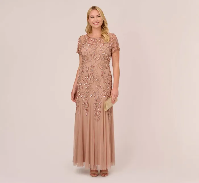 Adrianna Papell Hand Beaded Short Sleeve Floral Godet Gown In Rose Gold Rose Gold Women Floral Dresses Adrianna Papell Hand Beaded Short Sleeve Floral Godet Gown In Rose Gold Rose Gold Women Floral Dresses