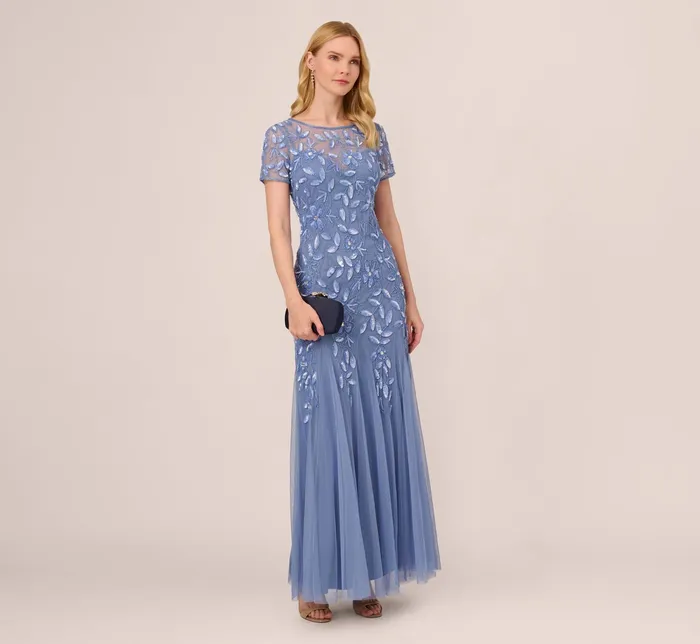 Adrianna Papell Hand Beaded Short Sleeve Floral Godet Gown In Rose Gold Rose Gold Women Floral Dresses Adrianna Papell Hand Beaded Short Sleeve Floral Godet Gown In Rose Gold Rose Gold Women Floral Dresses