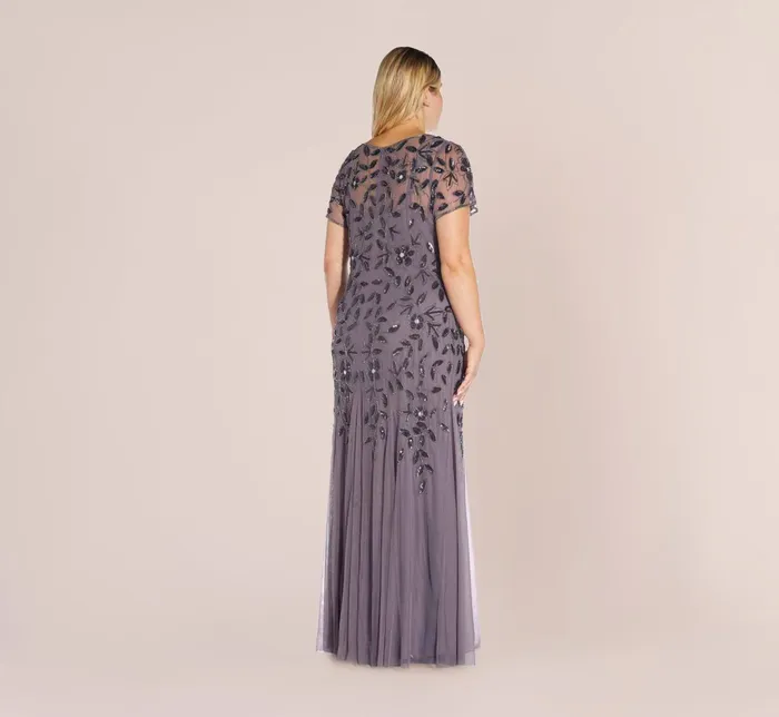 Adrianna Papell Hand Beaded Short Sleeve Floral Godet Gown In Rose Gold Rose Gold Women Floral Dresses Adrianna Papell Hand Beaded Short Sleeve Floral Godet Gown In Rose Gold Rose Gold Women Floral Dresses