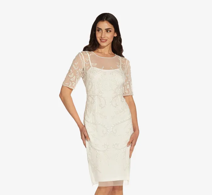 Adrianna Papell HandedBeaded Illusion MidiLength Sheath Cocktail Dress In Ivory Ivory Women Cocktail Dresses