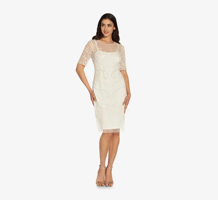 Adrianna Papell HandedBeaded Illusion MidiLength Sheath Cocktail Dress In Ivory Ivory Women Cocktail Dresses Adrianna Papell HandedBeaded Illusion MidiLength Sheath Cocktail Dress In Ivory Ivory Women Cocktail Dresses