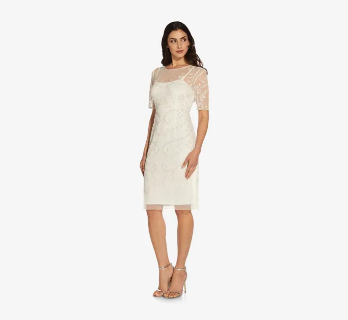 Adrianna Papell HandedBeaded Illusion MidiLength Sheath Cocktail Dress In Ivory Ivory Women Cocktail Dresses Adrianna Papell HandedBeaded Illusion MidiLength Sheath Cocktail Dress In Ivory Ivory Women Cocktail Dresses