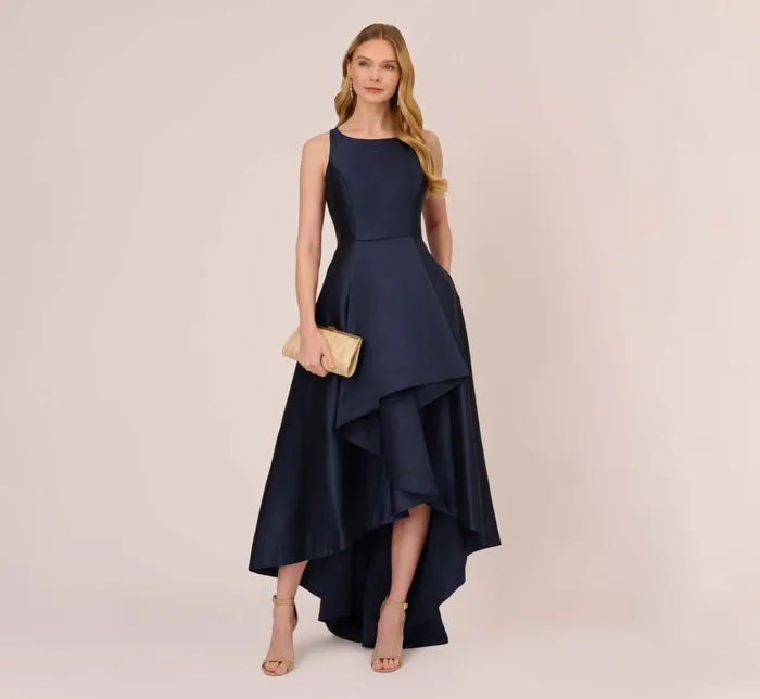 Adrianna Papell High Low Mikado Gown With Asymmetrical Detail In Midnight Midnight Women Long Dresses Adrianna Papell High Low Mikado Gown With Asymmetrical Detail In Midnight Midnight Women Long Dresses