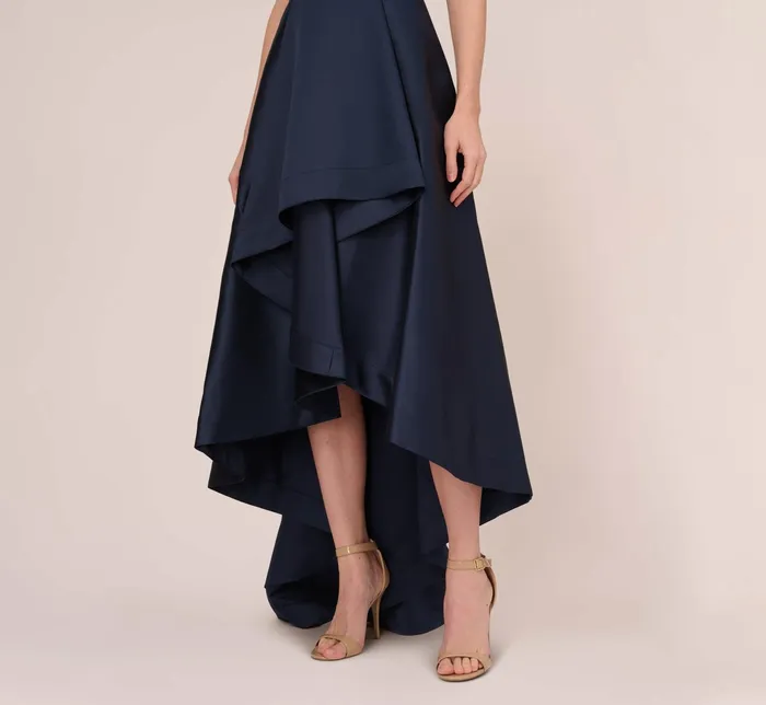 Adrianna Papell High Low Mikado Gown With Asymmetrical Detail In Midnight Midnight Women Long Dresses Adrianna Papell High Low Mikado Gown With Asymmetrical Detail In Midnight Midnight Women Long Dresses