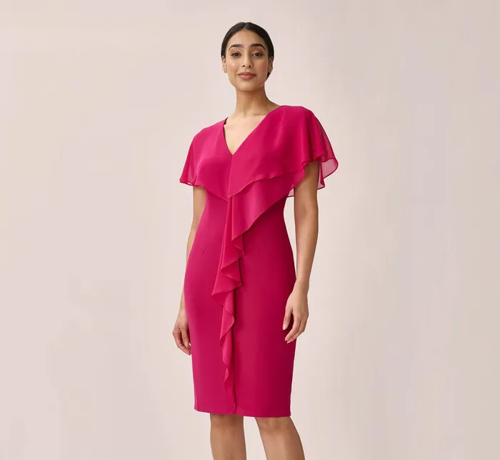 Adrianna Papell Jersey And Chiffon Midi Length Ruffled Sheath Dress In Magenta Magenta Women Day Dresses Adrianna Papell Jersey And Chiffon Midi Length Ruffled Sheath Dress In Magenta Magenta Women Day Dresses