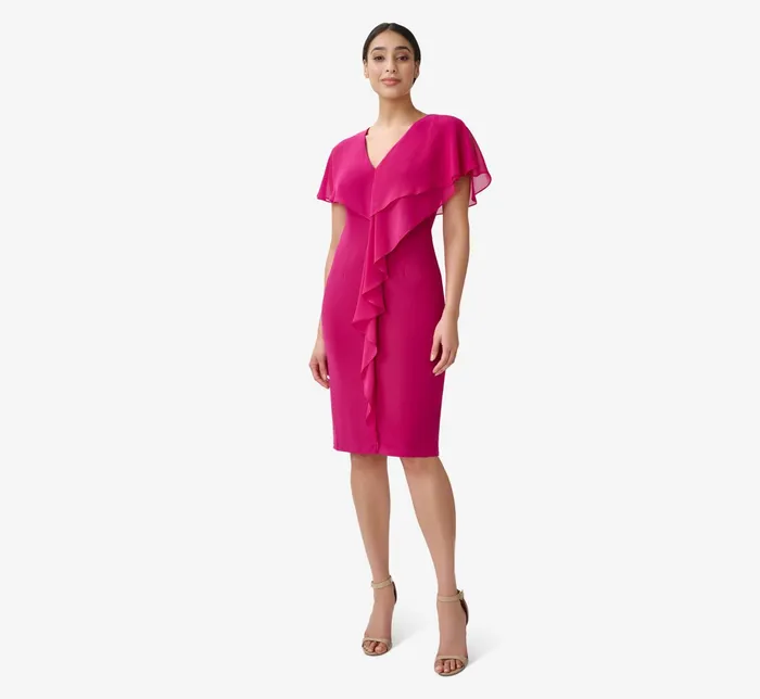 Adrianna Papell Jersey And Chiffon Midi Length Ruffled Sheath Dress In Magenta Magenta Women Day Dresses Adrianna Papell Jersey And Chiffon Midi Length Ruffled Sheath Dress In Magenta Magenta Women Day Dresses