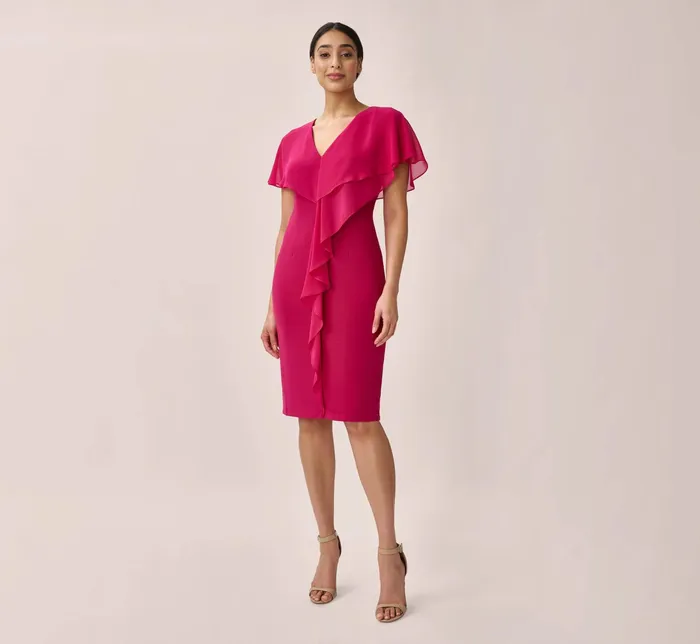 Adrianna Papell Jersey And Chiffon Midi Length Ruffled Sheath Dress In Magenta Magenta Women Day Dresses Adrianna Papell Jersey And Chiffon Midi Length Ruffled Sheath Dress In Magenta Magenta Women Day Dresses