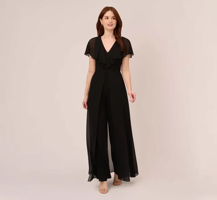 Adrianna Papell Jersey Jumpsuit With Chiffon Capelet And Skirt Overlay In Black Black Women Cocktail Dresses Adrianna Papell Jersey Jumpsuit With Chiffon Capelet And Skirt Overlay In Black Black Women Cocktail Dresses