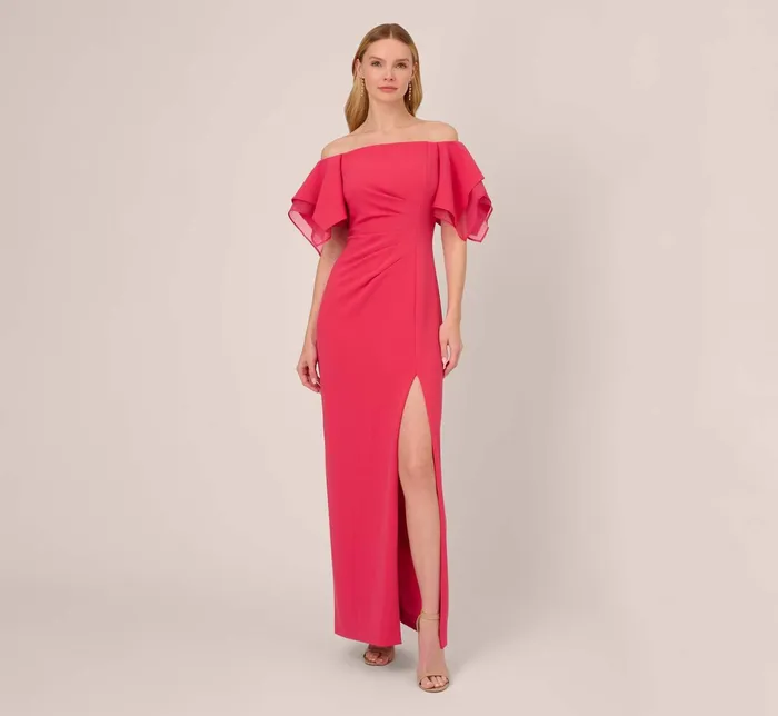 Adrianna Papell Knit Crepe And Organza Off The Shoulder Long Column Gown With Tiered Sleeves In Pink Lotus Pink Lotus Women Long Dresses Adrianna Papell Knit Crepe And Organza Off The Shoulder Long Column Gown With Tiered Sleeves In Pink Lotus Pink Lotus Women Long Dresses