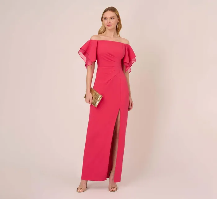 Adrianna Papell Knit Crepe And Organza Off The Shoulder Long Column Gown With Tiered Sleeves In Pink Lotus Pink Lotus Women Long Dresses Adrianna Papell Knit Crepe And Organza Off The Shoulder Long Column Gown With Tiered Sleeves In Pink Lotus Pink Lotus Women Long Dresses