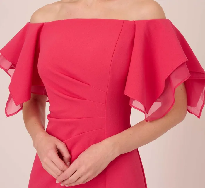Adrianna Papell Knit Crepe And Organza Off The Shoulder Long Column Gown With Tiered Sleeves In Pink Lotus Pink Lotus Women Long Dresses Adrianna Papell Knit Crepe And Organza Off The Shoulder Long Column Gown With Tiered Sleeves In Pink Lotus Pink Lotus Women Long Dresses